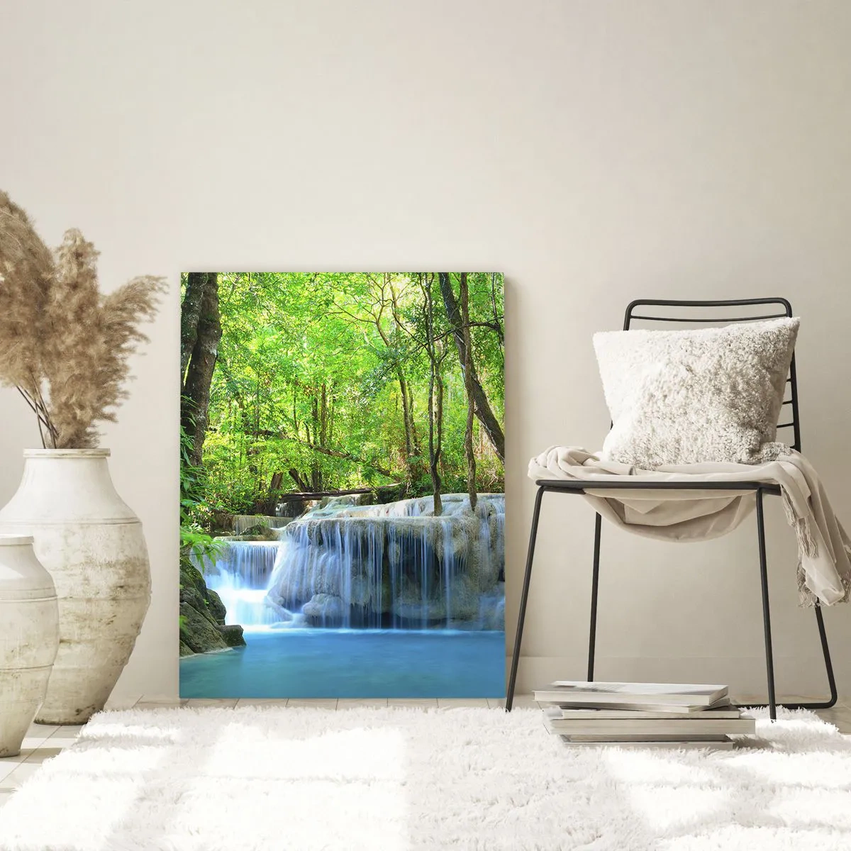 Impression sur verre - Image sur verre - Une cascade parmi des arbres verts avec de l'eau bleue dans un cadre naturel - 70x100cm - Se noyer dans le turquoise et le vert - Décoration murale moderne pour le salon et la chambre ARTTOR