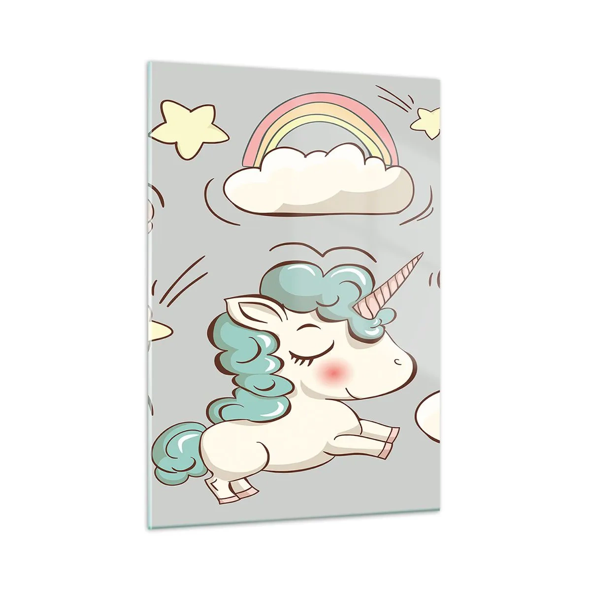 Impression sur verre - Image sur verre - De jolies licornes dans les nuages avec un arc-en-ciel et des ballons - 50x70cm - Ils existe, c'est sûr… - Décoration murale moderne pour le salon et la chambre ARTTOR