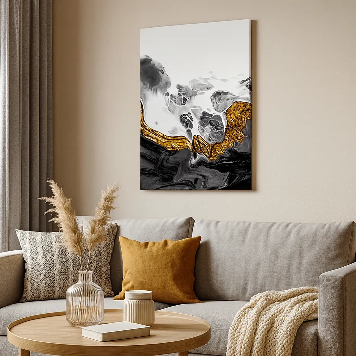 Impression sur toile - Image sur toile - Une composition abstraite avec des accents d'or et de noir. - 50x70cm - Composition organique - Décoration murale moderne pour le salon et la chambre ARTTOR