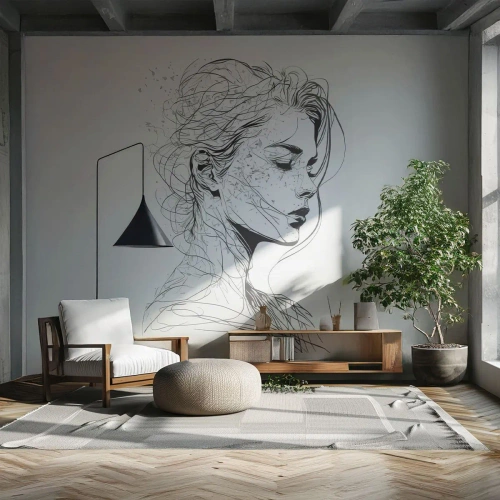 Papier Peint Photo Standard Eco - Les lignes subtiles d'un portrait féminin sur un fond clair - 100x70cm - Portrait en pensée - Décoration murale moderne pour le salon et la chambre ARTTOR