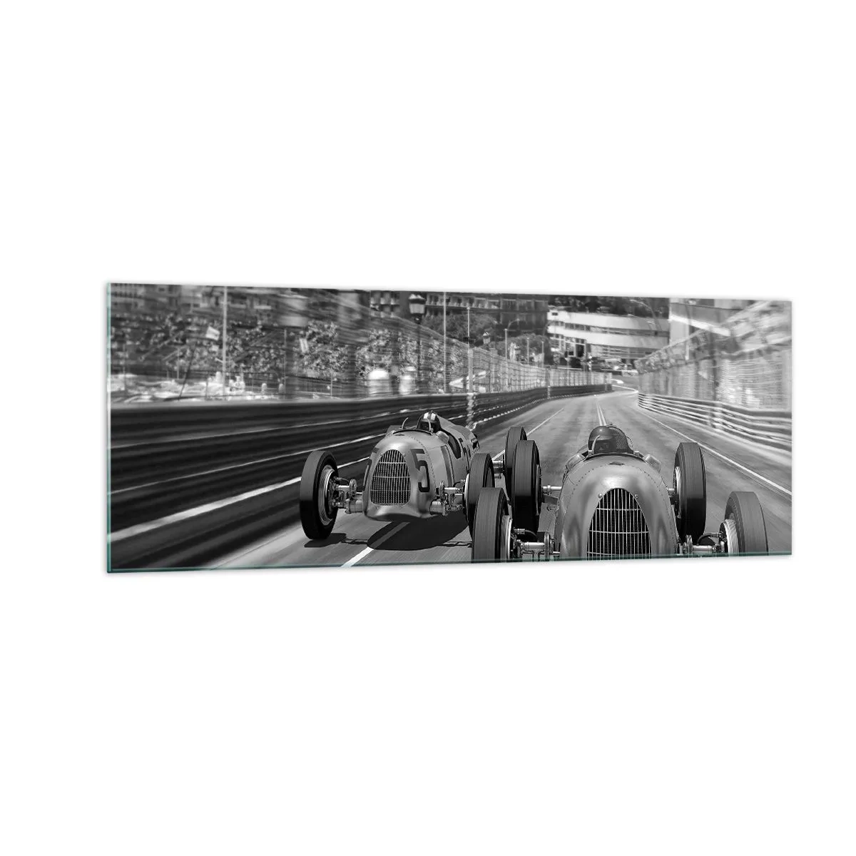 Impression sur verre - Image sur verre - Scène de course automobile rétro monochrome - 140x50cm - Il y a longtemps à Monté Carlo - Décoration murale moderne pour le salon et la chambre ARTTOR
