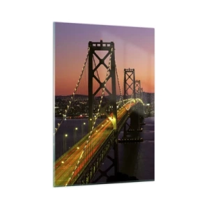 Impression sur verre - Image sur verre - Un pont illuminé la nuit au-dessus de l'eau avec une vue panoramique sur la ville - 80x120cm - Soirée violette - Décoration murale moderne pour le salon et la chambre ARTTOR