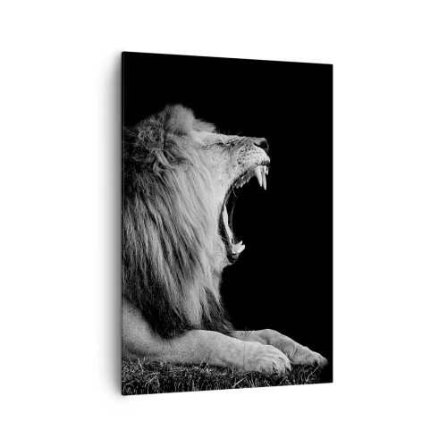 Impression sur toile - Image sur toile - Un lion rugissant sur fond noir dans des tons noir et blanc - 70x100cm - Sans aucun doute - Décoration murale moderne pour le salon et la chambre ARTTOR