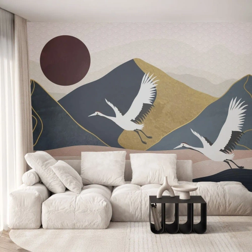 Papier Peint Photo Premium Canvas - Encore une fois, la journée s'est ÉCOULÉE - Abstraction, Grues, Montagnes - 300x210 cm