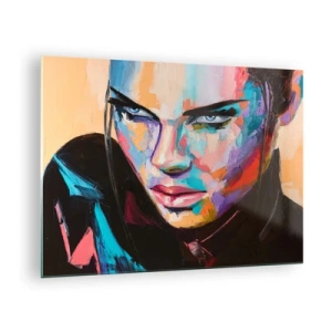Impression sur verre - Image sur verre - Portrait d'une femme aux couleurs vives sur un fond abstrait - 70x50cm - Le coeur sauvageon - Décoration murale moderne pour le salon et la chambre ARTTOR