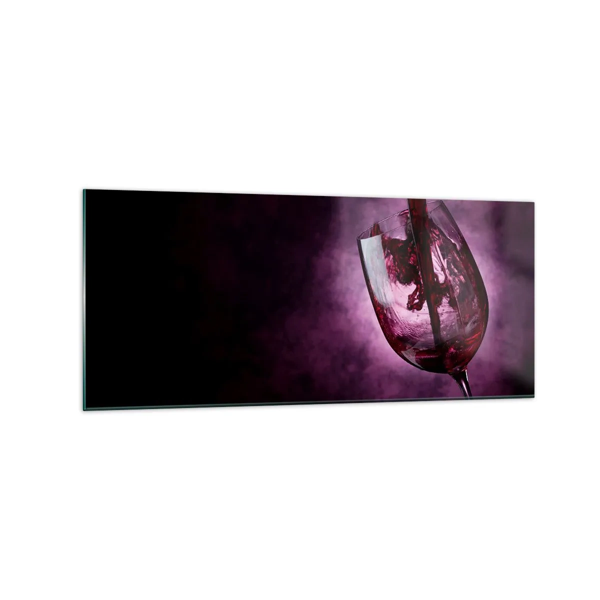 Impression sur verre - Image sur verre - Du vin rouge versé dans un verre sur fond de fumée violette - 120x50cm - Écarlate? Carmin? Non, rubis. - Décoration murale moderne pour le salon et la chambre ARTTOR