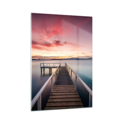 Impression sur verre - Image sur verre - Jetée au bord du lac au coucher du soleil avec un ciel rose - 50x70cm - La douce flamme du soir - Décoration murale moderne pour le salon et la chambre ARTTOR