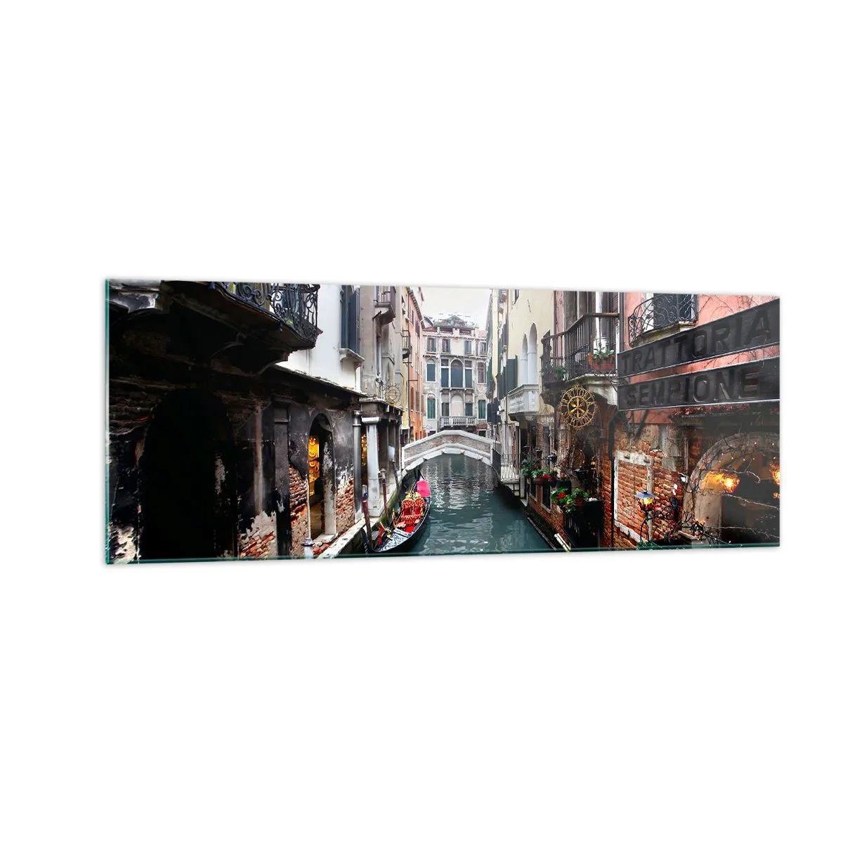 Impression sur verre - Image sur verre - Un canal à Venise avec une gondole et des bâtiments historiques - 140x50cm - Paysage vénitien avec une gondole et un pont - Décoration murale moderne pour le salon et la chambre ARTTOR