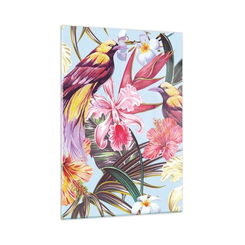 Impression sur verre - Image sur verre - Oiseaux et fleurs exotiques sur fond clair - 50x70cm - Pétales et plumes - Décoration murale moderne pour le salon et la chambre ARTTOR
