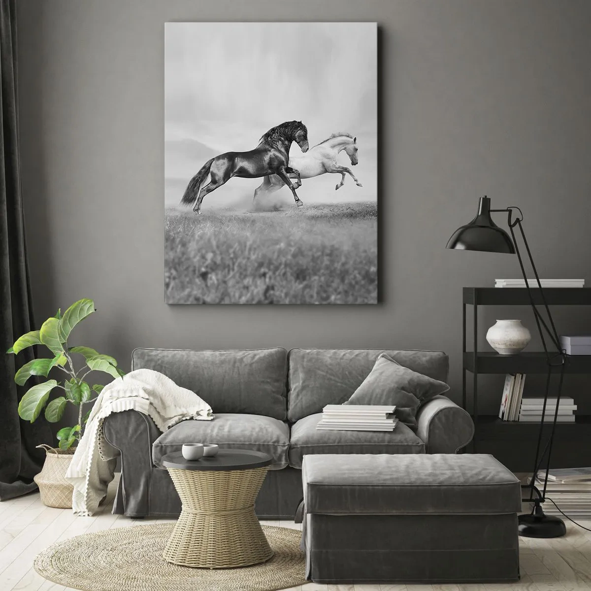 Impression sur toile - Image sur toile - Deux chevaux au galop dans une composition dynamique en noir et blanc - 80x120cm - Anges et démons - Décoration murale moderne pour le salon et la chambre ARTTOR