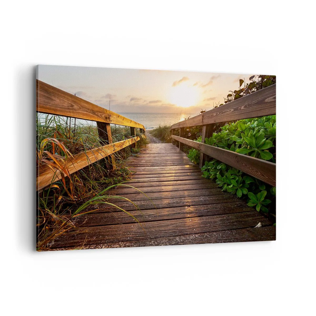Impression sur toile - Image sur toile - Jetée en bois menant à la plage au coucher du soleil - 120x80cm - Tout droit vers le rivage - Décoration murale moderne pour le salon et la chambre ARTTOR