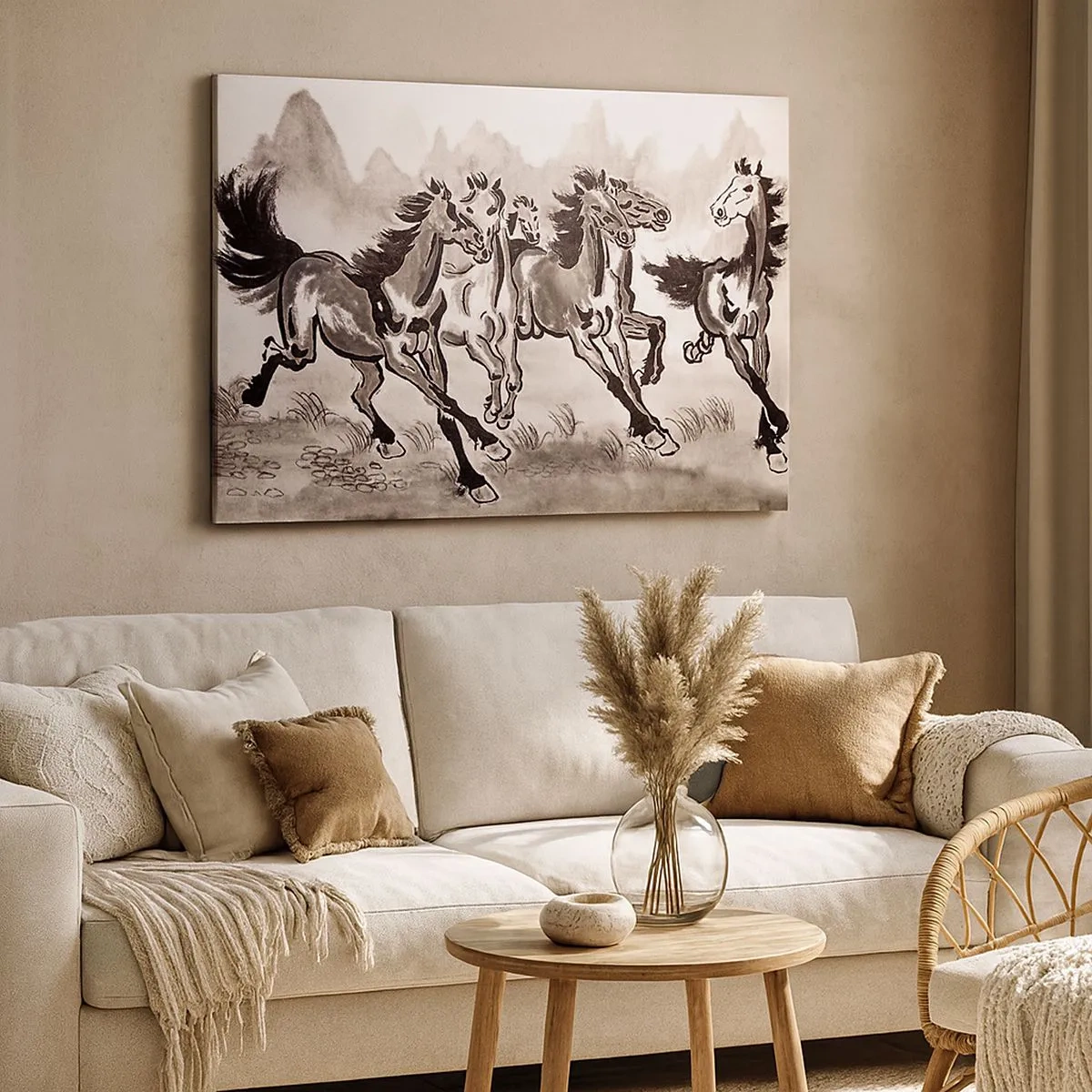 Impression sur toile - Image sur toile - Graphiques dynamiques de chevaux au galop dans un style oriental - 70x50cm - Dans un joyeux galop - Décoration murale moderne pour le salon et la chambre ARTTOR