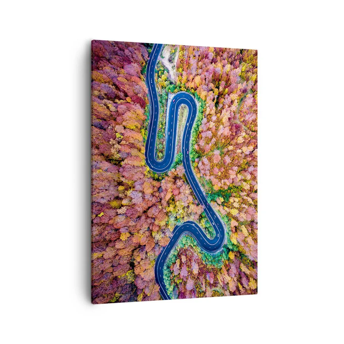 Impression sur toile - Image sur toile - Une route sinueuse dans une forêt d'automne vue à vol d'oiseau - 50x70cm - Route sinueuse à travers la forêt - Décoration murale moderne pour le salon et la chambre ARTTOR