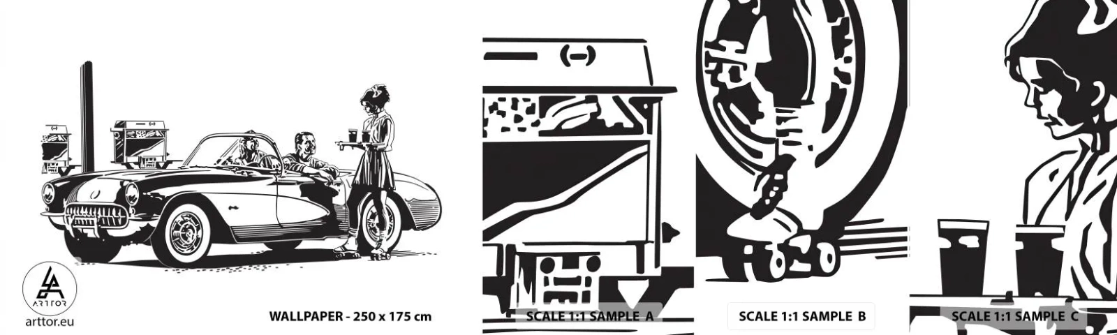 Échantillon de Papier Peint Autocollant Deluxe Sticker - 60's - Amérique insouciante - Voiture ancienne, Station-essence, Amérique - 100x30 cm