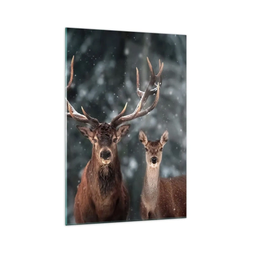 Impression sur verre - Image sur verre - Cerf dans une forêt d'hiver enneigée - 70x100cm - Le roi de la forêt avec sa femme - Décoration murale moderne pour le salon et la chambre ARTTOR