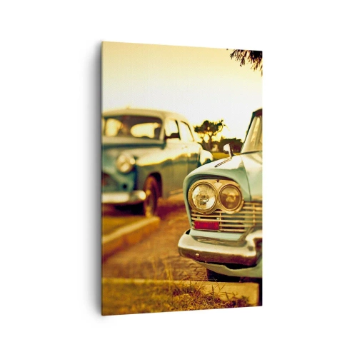 Impression sur toile - Image sur toile - Voitures classiques dans la chaude lumière du coucher du soleil - 80x120cm - Nous attendrons et verrons - Décoration murale moderne pour le salon et la chambre ARTTOR