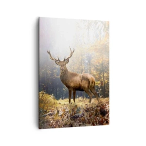 Impression sur toile - Image sur toile - Cerf dans la forêt d'automne avec les rayons du soleil - 50x70cm - Toute sa majesté - Décoration murale moderne pour le salon et la chambre ARTTOR
