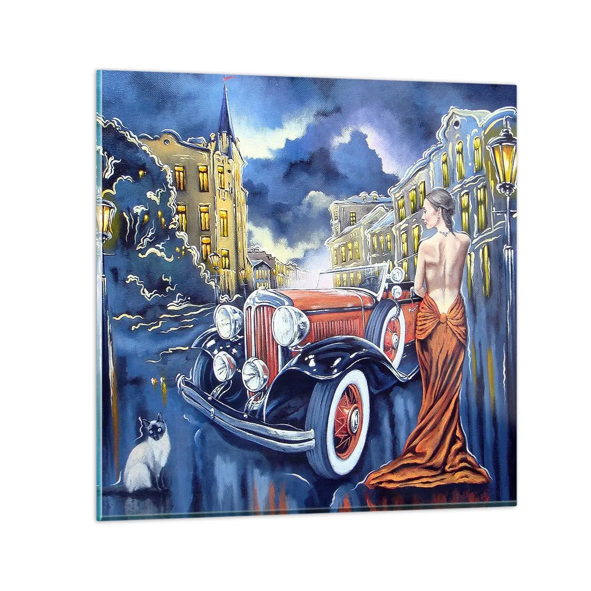 Impression sur verre - Image sur verre - Nocturne en bleu et corail - 70x70 cm