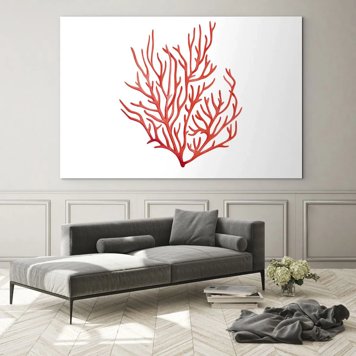 Impression sur verre - Image sur verre - Corail rouge avec une structure en filigrane sur fond blanc - 100x70cm - Filigrane de corail - Décoration murale moderne pour le salon et la chambre ARTTOR