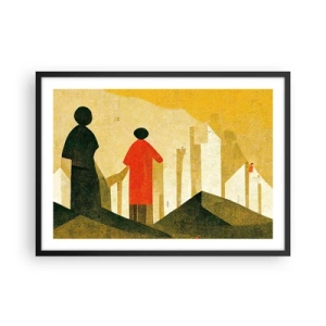 Affiche dans un cadre noir - Poster - Silhouettes géométriques en rouge et vert sur fond jaune - 70x50cm - La route est encore longue - Décoration murale moderne pour le salon et la chambre ARTTOR