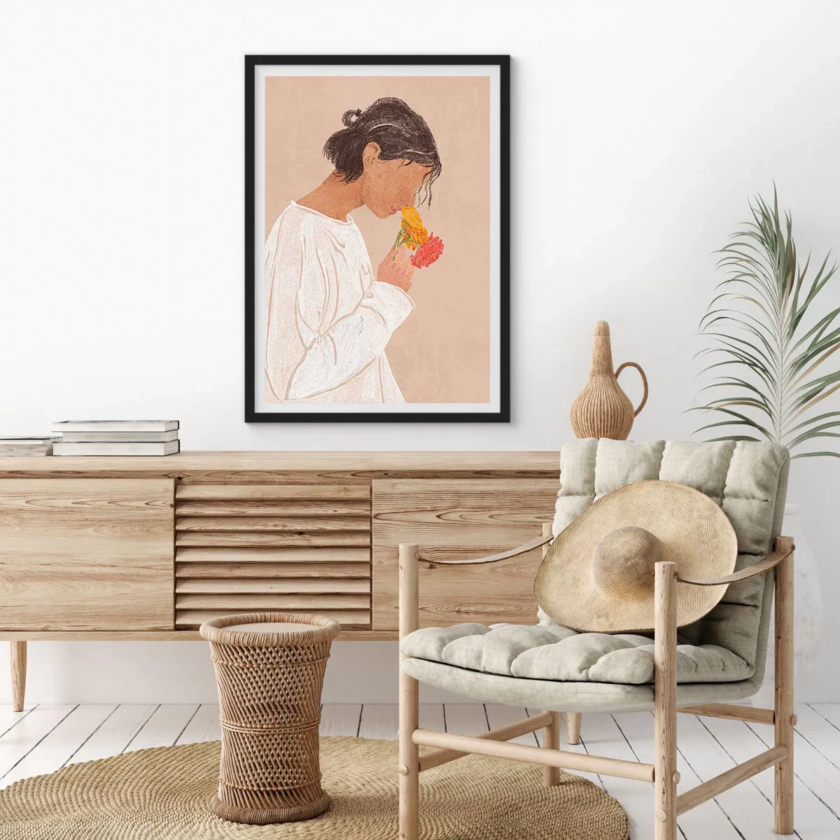 Affiche dans un cadre noir - Poster - Fille et fleurs - 61x91 cm