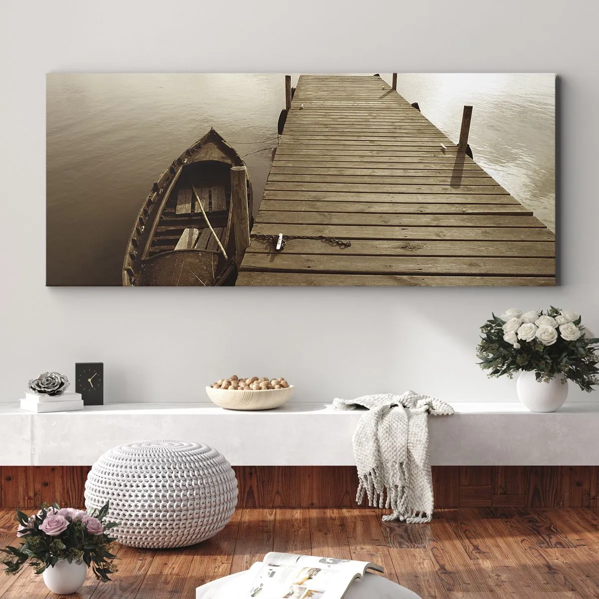 Impression sur toile - Image sur toile - Jetée en bois et bateau sur un lac calme - 160x50cm - Le grand silence - Décoration murale moderne pour le salon et la chambre ARTTOR