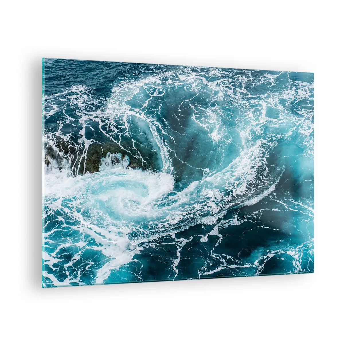 Impression sur verre - Image sur verre - Un tourbillon océanique entouré de vagues blanches dans une eau bleue - 70x50cm - La porte vers le centre de la Terre - Décoration murale moderne pour le salon et la chambre ARTTOR