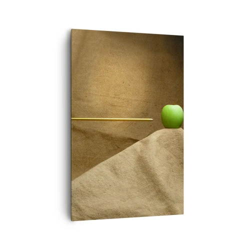 Impression sur toile - Image sur toile - Pomme verte sur tissu avec une flèche créant une composition - 80x120cm - Invoquer l'esprit de Guillaume Tell - Décoration murale moderne pour le salon et la chambre ARTTOR