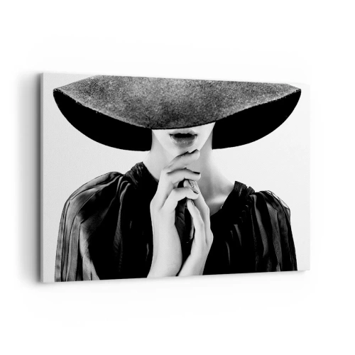 Impression sur toile - Image sur toile - Femme élégante portant un grand chapeau dans des tons de noir et blanc - 120x80cm - Beauté cachée - Décoration murale moderne pour le salon et la chambre ARTTOR