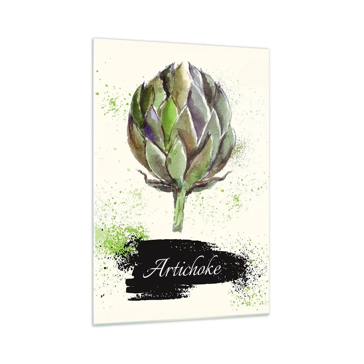 Impression sur verre - Image sur verre - Artichaut à l'aquarelle avec texte sur fond clair aux accents verts - 70x100cm - Vive les légumes! - Décoration murale moderne pour le salon et la chambre ARTTOR