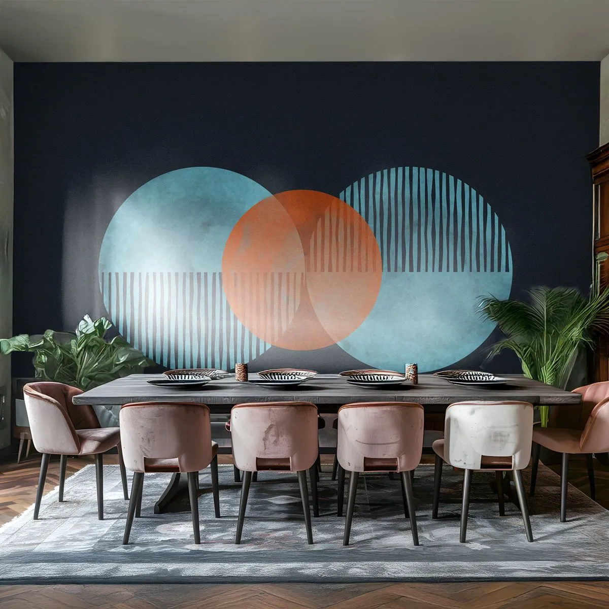 Papier Peint Photo Standard Eco - Graphiques géométriques modernes avec des cercles dans des tons de bleu et d'orange - 100x70cm - Composition symétrique - Décoration murale moderne pour le salon et la chambre ARTTOR