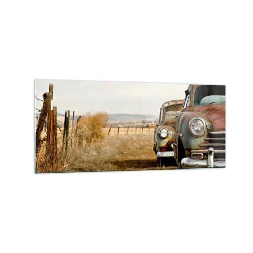 Impression sur verre - Image sur verre - Deux vieilles voitures sur un chemin de terre à côté d'une clôture en bois - 120x50cm - Repos bien mérité - Décoration murale moderne pour le salon et la chambre ARTTOR