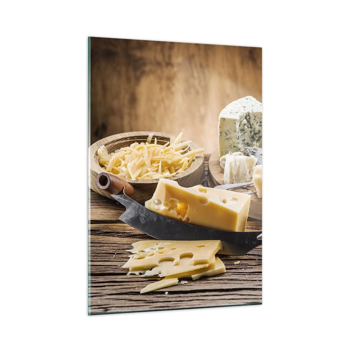 Impression sur verre - Image sur verre - Plateau de fromages avec couteau sur table rustique - 50x70cm - Sourire au fromage - Décoration murale moderne pour le salon et la chambre ARTTOR