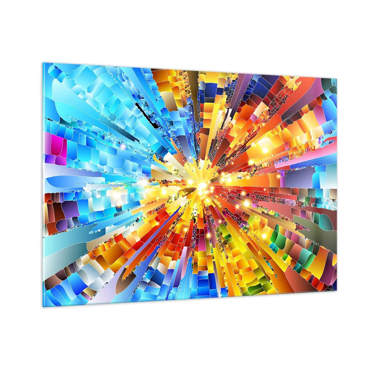 Impression sur verre - Image sur verre - Une explosion abstraite de couleurs dans une composition géométrique dynamique. - 100x70cm - In medias res - Décoration murale moderne pour le salon et la chambre ARTTOR