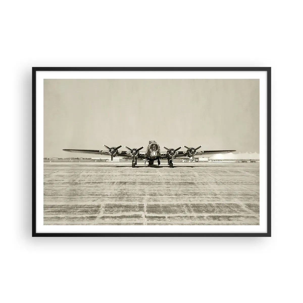 Affiche dans un cadre noir - Poster - Avion historique à l'aéroport en sépia - 100x70cm - Toujours prêt! - Décoration murale moderne pour le salon et la chambre ARTTOR
