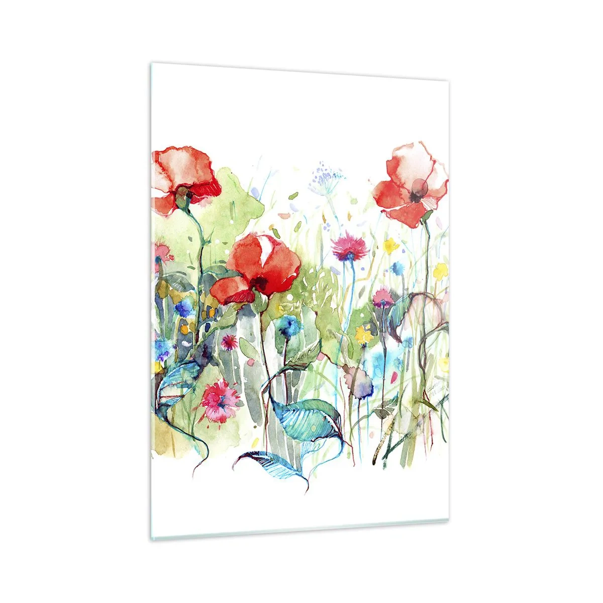Impression sur verre - Image sur verre - Coquelicots colorés et fleurs sauvages dans un style aquarelle - 50x70cm - Prairie de fleurs en mai - Décoration murale moderne pour le salon et la chambre ARTTOR