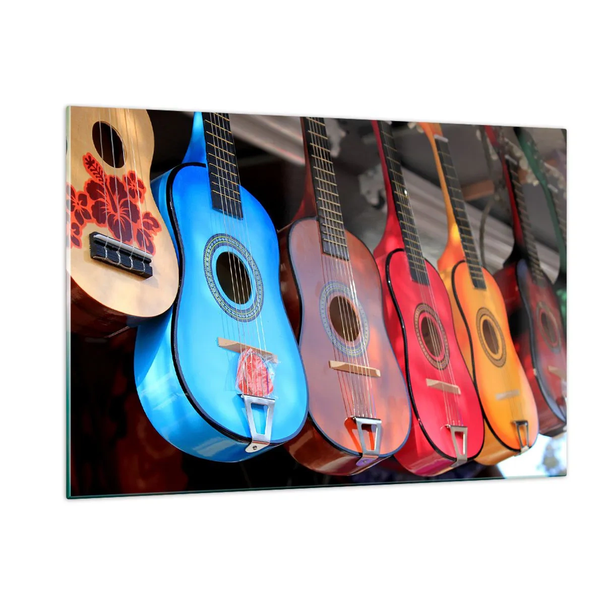 Impression sur verre - Image sur verre - Guitares colorées accrochées en rangée en exposition - 120x80cm - Ambiance latine - Décoration murale moderne pour le salon et la chambre ARTTOR