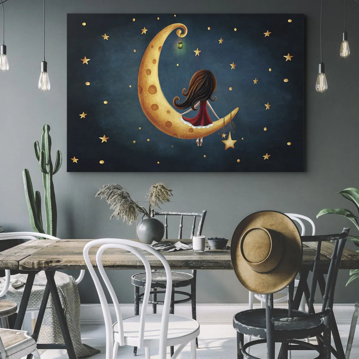 Impression sur toile - Image sur toile - Une fille sur la lune entourée d'étoiles - 70x50cm - Il était une fois... - Décoration murale moderne pour le salon et la chambre ARTTOR