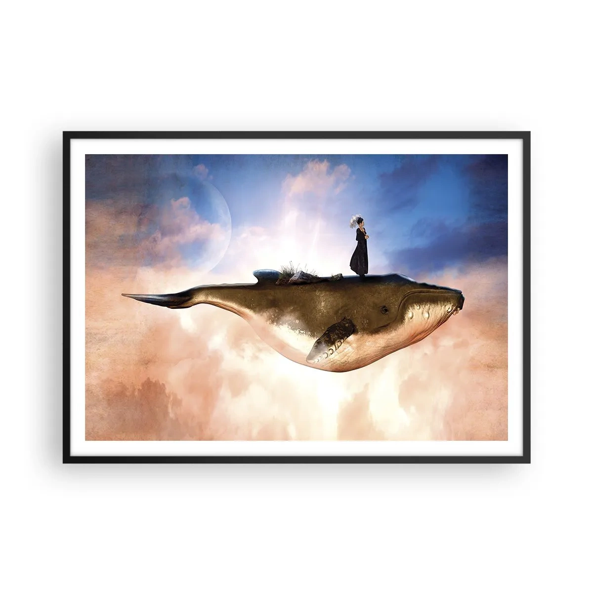 Affiche dans un cadre noir - Poster - Une scène fantastique d'une femme sur une baleine parmi les nuages - 100x70cm - Voyage irréel - Décoration murale moderne pour le salon et la chambre ARTTOR