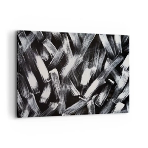 Impression sur toile - Image sur toile - Abstraction dynamique avec des coups de pinceau blancs sur fond noir. - 100x70cm - L'abstraction dans l'esprit industriel - Décoration murale moderne pour le salon et la chambre ARTTOR