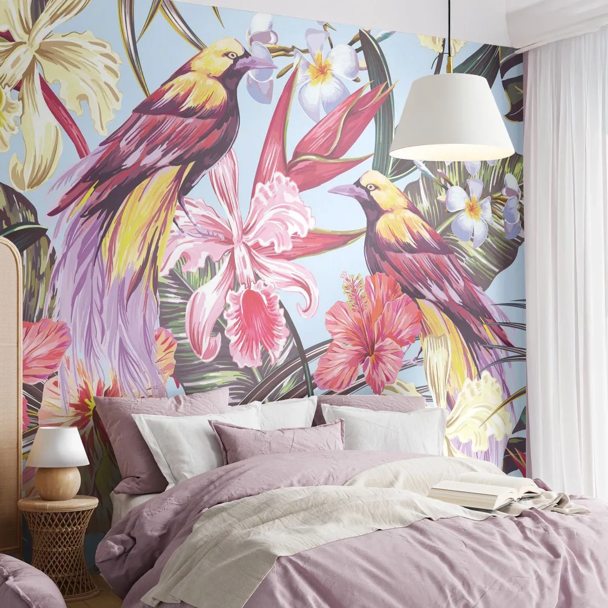 Papier peint sur mesure Standard Eco - Pétales et plumes - Oiseau, Fleurs, Jardin