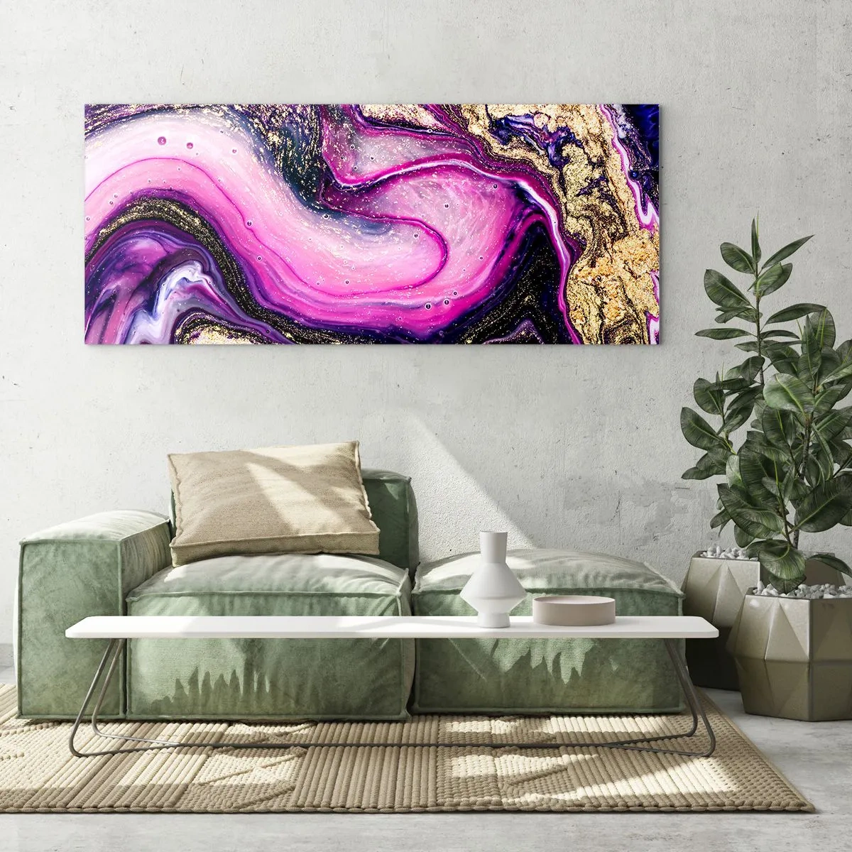 Impression sur verre - Image sur verre - Vagues abstraites dans des tons violets et dorés - 120x50cm - Un instant dans les coulisses - Décoration murale moderne pour le salon et la chambre ARTTOR