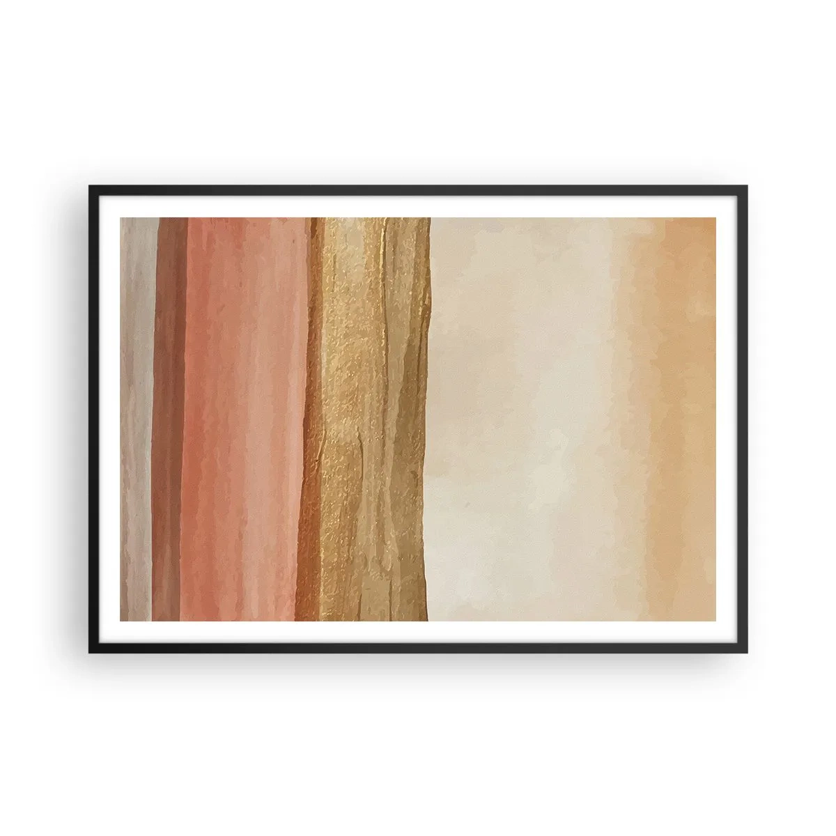 Affiche dans un cadre noir - Poster - Rayures abstraites dans les tons beige, or et rose sur toile - 100x70cm - Composition verticale - Décoration murale moderne pour le salon et la chambre ARTTOR