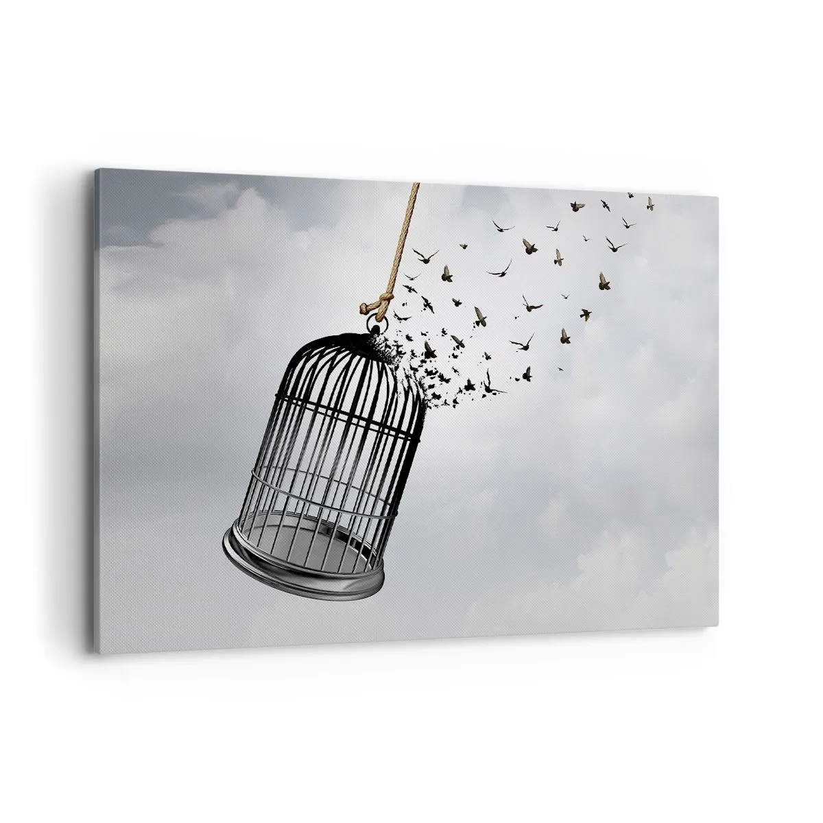 Impression sur toile - Image sur toile - Des oiseaux s'envolent d'une cage dans le ciel - 100x70cm - Foie...Espoir...Liberté! - Décoration murale moderne pour le salon et la chambre ARTTOR