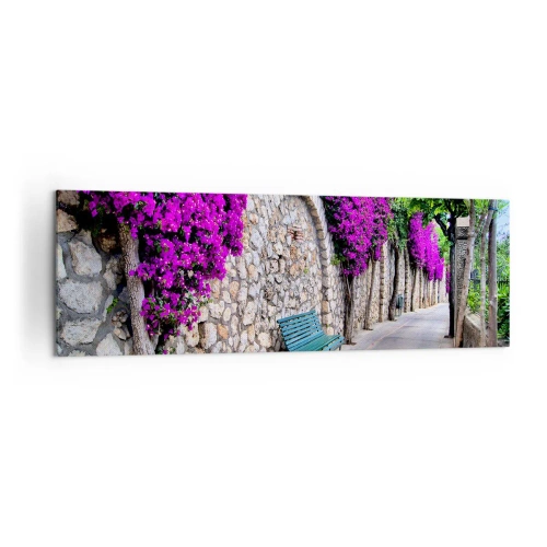 Impression sur toile - Image sur toile - Un chemin de pierre avec un banc et des fleurs violettes en fleurs - 160x50cm - Rencontrons-nous au plus vite - Décoration murale moderne pour le salon et la chambre ARTTOR