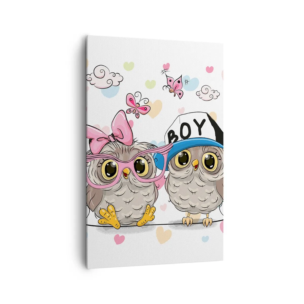 Impression sur toile - Image sur toile - Deux adorables hiboux entourés de cœurs - 80x120cm - On s'aime! - Décoration murale moderne pour le salon et la chambre ARTTOR