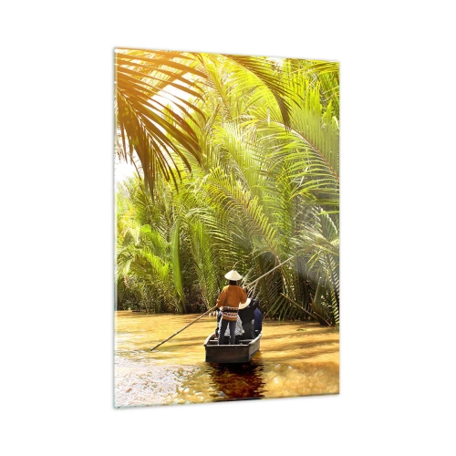 Impression sur verre - Image sur verre - Un bateau avec un homme à la rame navigue à travers une gorge bordée de palmiers - 50x70cm - Ravin de palmier - Décoration murale moderne pour le salon et la chambre ARTTOR