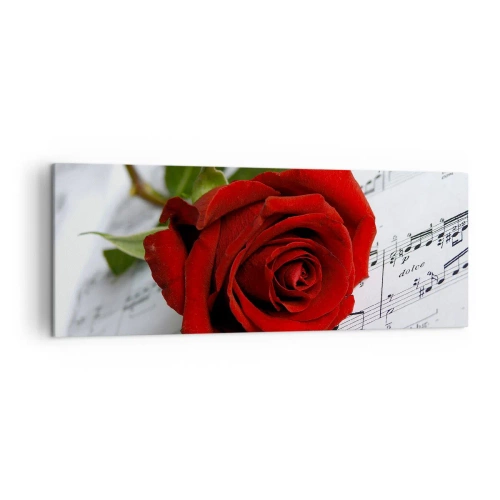Impression sur toile - Image sur toile - Une rose rouge sur fond de notes de musique sur papier blanc. - 140x50cm - Musique des sentiments en écarlate - Décoration murale moderne pour le salon et la chambre ARTTOR