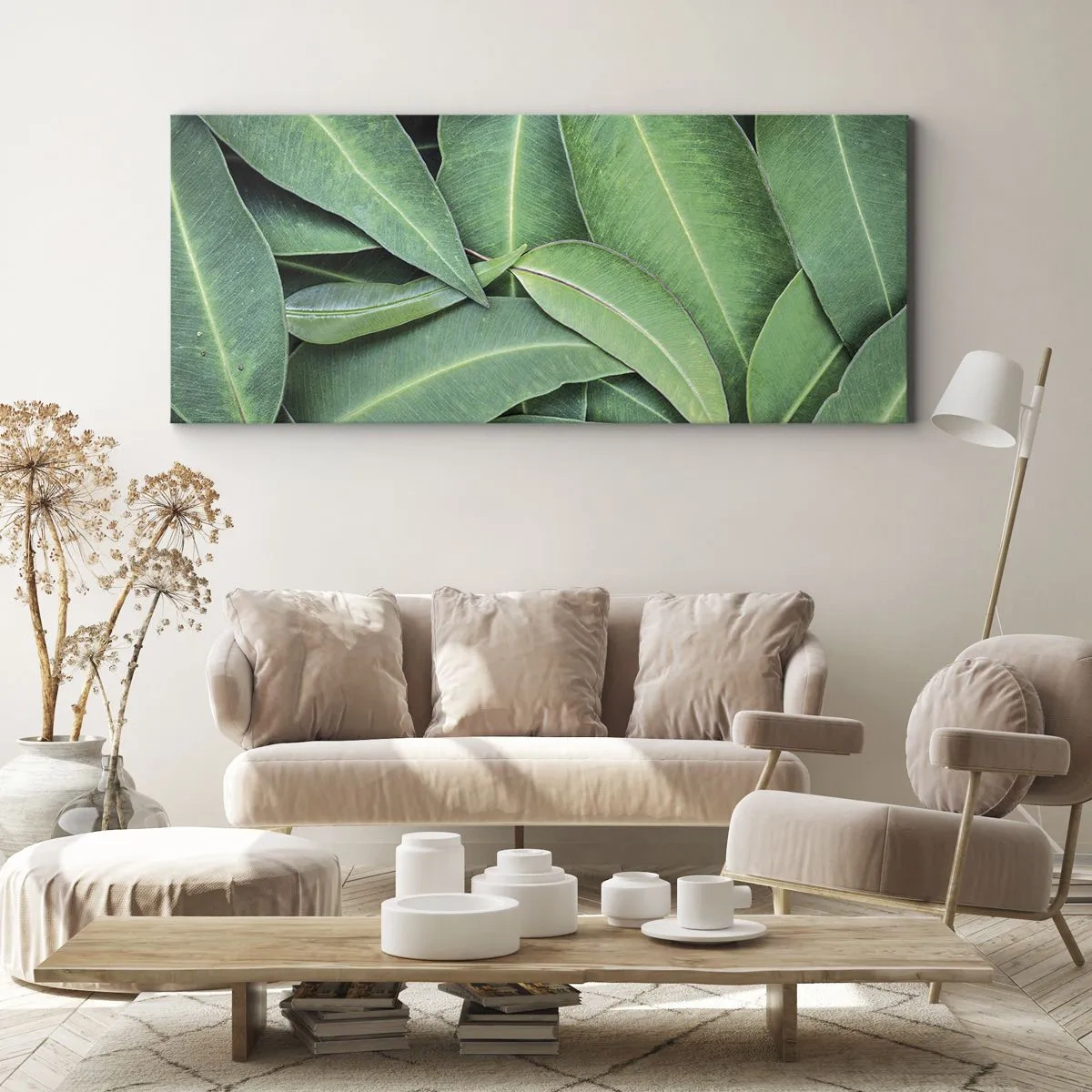 Impression sur toile - Image sur toile - Gros plan de feuilles vertes créant un motif naturel - 160x50cm - Juteux et frais - Décoration murale moderne pour le salon et la chambre ARTTOR