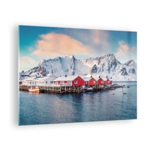 Impression sur verre - Image sur verre - Chalets de pêcheurs rouges sur le fjord avec les montagnes en arrière-plan - 70x50cm - Retraite dans le nord - Décoration murale moderne pour le salon et la chambre ARTTOR
